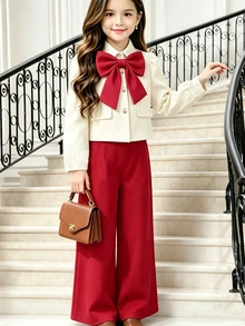 SHEIN Elladie kids 女童春/秋返校學院風大蝴蝶結裝飾長袖西裝上衣與垂墜寬腿褲套裝，時尚休閒套裝，適合學校、日常穿著、輕便聚會等場合 - 酒紅色 - 查看 6