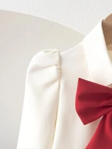 SHEIN Elladie kids 女童春/秋返校學院風大蝴蝶結裝飾長袖西裝上衣與垂墜寬腿褲套裝，時尚休閒套裝，適合學校、日常穿著、輕便聚會等場合 - 酒紅色 - 查看 3