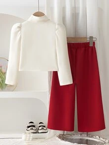SHEIN Elladie kids 女童春/秋返校學院風大蝴蝶結裝飾長袖西裝上衣與垂墜寬腿褲套裝，時尚休閒套裝，適合學校、日常穿著、輕便聚會等場合 - 酒紅色 - 查看 2