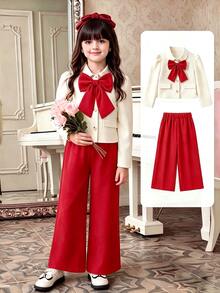 SHEIN Elladie kids 女童春/秋返校學院風大蝴蝶結裝飾長袖西裝上衣與垂墜寬腿褲套裝，時尚休閒套裝，適合學校、日常穿著、輕便聚會等場合 - 酒紅色 - 查看 8