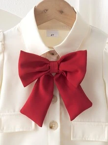 SHEIN Elladie kids 女童春/秋返校學院風大蝴蝶結裝飾長袖西裝上衣與垂墜寬腿褲套裝，時尚休閒套裝，適合學校、日常穿著、輕便聚會等場合 - 酒紅色 - 查看 7