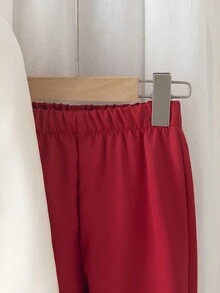 SHEIN Elladie kids 女童春/秋返校學院風大蝴蝶結裝飾長袖西裝上衣與垂墜寬腿褲套裝，時尚休閒套裝，適合學校、日常穿著、輕便聚會等場合 - 酒紅色 - 查看 5