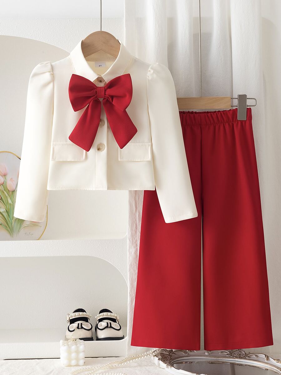 SHEIN Elladie kids 女童春/秋返校學院風大蝴蝶結裝飾長袖西裝上衣與垂墜寬腿褲套裝,時尚休閒套裝,適合學校、日常穿著、輕便聚會等場合 - 酒紅色 - 查看 1