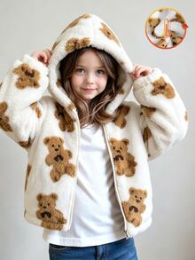 SHEIN Genkimix Kids 女童幼兒全滿熊圖案毛絨連帽外套，柔軟刷毛拉鍊上衣，開學季日常戶外休閒外套 - 白色 - 查看 5