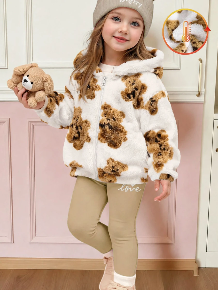 SHEIN Genkimix Kids 女童幼兒全滿熊圖案毛絨連帽外套,柔軟刷毛拉鍊上衣,開學季日常戶外休閒外套 - 白色 - 查看 1
