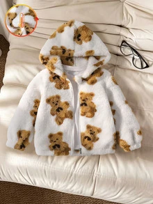 SHEIN Genkimix Kids 女童幼兒全滿熊圖案毛絨連帽外套，柔軟刷毛拉鍊上衣，開學季日常戶外休閒外套 - 白色 - 查看 4