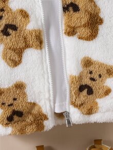 SHEIN Genkimix Kids 女童幼兒全滿熊圖案毛絨連帽外套，柔軟刷毛拉鍊上衣，開學季日常戶外休閒外套 - 白色 - 查看 8