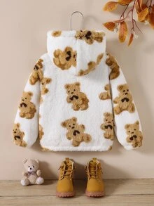 SHEIN Genkimix Kids 女童幼兒全滿熊圖案毛絨連帽外套，柔軟刷毛拉鍊上衣，開學季日常戶外休閒外套 - 白色 - 查看 2