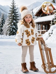 SHEIN Genkimix Kids 女童幼兒全滿熊圖案毛絨連帽外套，柔軟刷毛拉鍊上衣，開學季日常戶外休閒外套 - 白色 - 查看 3