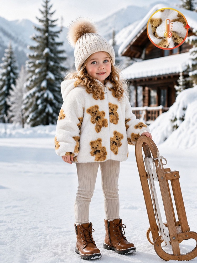 SHEIN Genkimix Kids Girls Toddler All-Over Bear Print Plush Hooded Jacket, Soft Fleece Zip-Up Top, Back To School Daily Outdoor Casual Coat - White - View 3