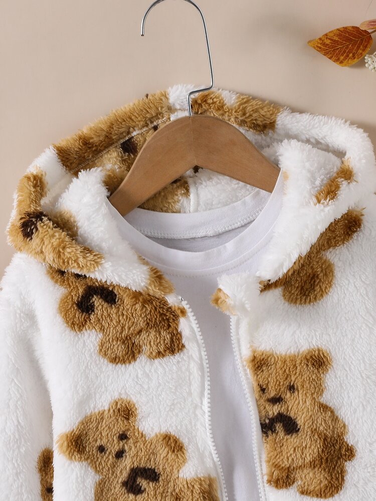 SHEIN Genkimix Kids Girls Toddler All-Over Bear Print Plush Hooded Jacket, Soft Fleece Zip-Up Top, Back To School Daily Outdoor Casual Coat - White - View 7