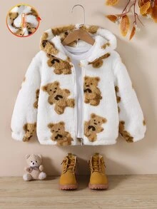 SHEIN Genkimix Kids 女童幼兒全滿熊圖案毛絨連帽外套，柔軟刷毛拉鍊上衣，開學季日常戶外休閒外套 - 白色 - 查看 6