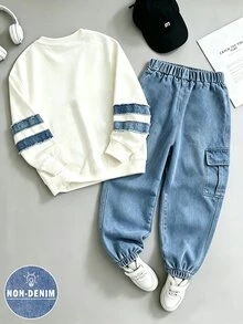2件組小男孩時尚簡約舒適圓領運動衫與工裝褲套裝，酷感英文字母滿版印花設計，白色，適合假期派對 - 彩色 - 查看 2