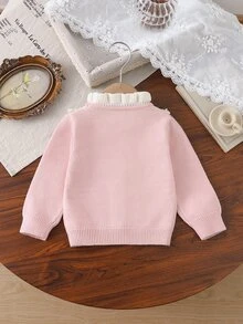 SHEIN 女嬰圓領粉色針織毛衣，帶荷葉邊與手工大蝴蝶結，柔美優雅淑女風，柔軟針織套頭上衣，可愛甜美簡約長袖，適合秋冬外出、派對、拍照與戶外玩耍 - 粉色 - 查看 2