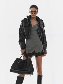 MOTF PREMIUM Vestido corto de tirantes con patchwork y ribete de encaje francés, otoño/invierno - Negro - Ver 8