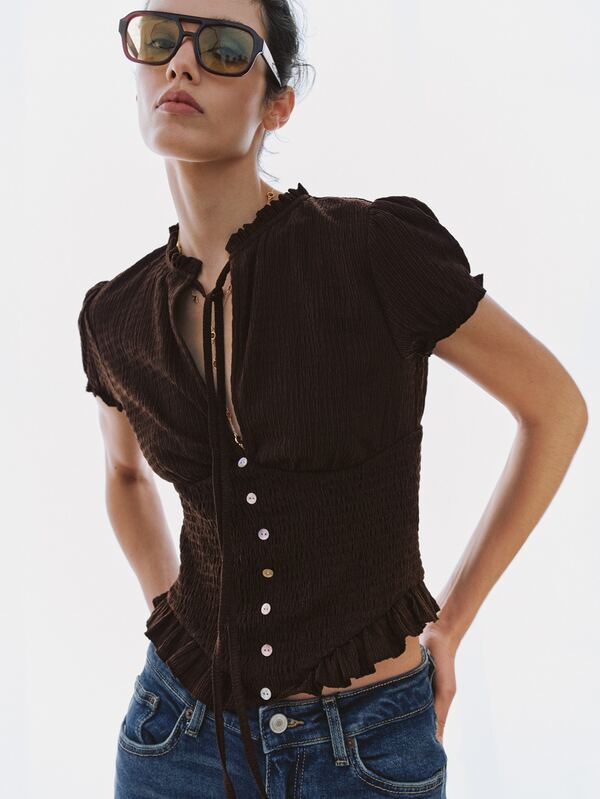 MOTF PREMIUM FRENCH STYLE TIE NECK SHIRRED WAIST FITTED TOP