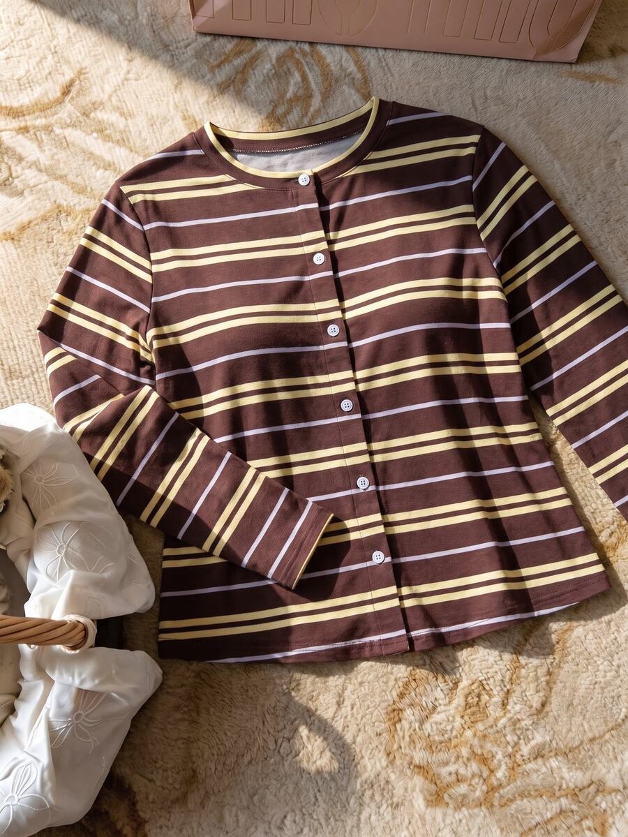 Elaquor Plus Size Striped Colorblock Single-Breasted Long Sleeve T-Shirt Fall - Multicolor - View 1