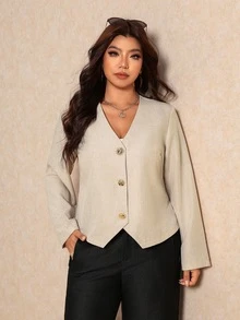 Elaquor Plus Size Women Solid Color V-Neck Single-Breasted Blazer Jacket For Commuting Summer Elegant Office Formal Business Work Suit Teachers' Day Beige - Apricot - View 7