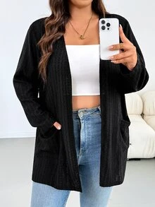 Shapeblank Chaqueta de manga larga de unicolor simple y casual de talla grande, otoño rodeo - Negro - Ver 5