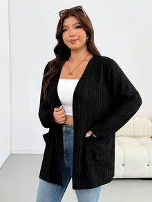 Shapeblank Chaqueta de manga larga de unicolor simple y casual de talla grande, otoño rodeo - Negro - Ver 4