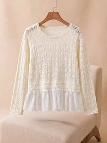 Elaquor Plus Size Women's Hollow Design Ruffle Hem Long Sleeve Pullover Sweater Autumn Formal Casual Confirmation Evening Black White Elegant - Apricot - View 5