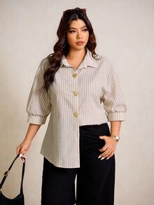 Elaquor 大码女式金属心形单排扣七分袖条纹休闲衬衫 - 杏色 - 查看 4