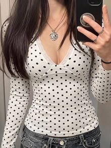 SHEIN EZwear 白色波點針織女款對比蕾絲長袖T恤 - 黑與白 - 查看 2