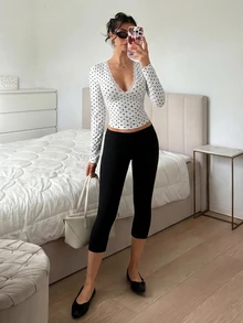SHEIN EZwear 白色波點針織女款對比蕾絲長袖T恤 - 黑與白 - 查看 5