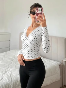 SHEIN EZwear 白色波點針織女款對比蕾絲長袖T恤 - 黑與白 - 查看 3