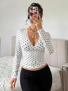 SHEIN EZwear 白色波點針織女款對比蕾絲長袖T恤 - 黑與白 - 查看 7