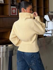 Muchica Women's Cream-Yellow Drop-Shoulder Long-Sleeve Casual Knit Cardigan (With Two-Way Zipper) - 2000s-Style Back-To-School Outfit - Light Yellow - View 5