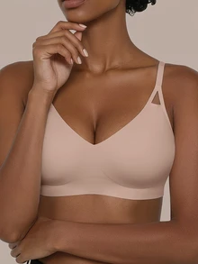 SHEIN حمالة صدر نسائية بلون موحد مريحة بتصميم بسيط ناعم أنيق بدون درزات للارتداء اليومي بيج صيفي - لون مشمشي - مشاهدة 5
