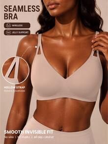 SHEIN حمالة صدر نسائية بلون موحد مريحة بتصميم بسيط ناعم أنيق بدون درزات للارتداء اليومي بيج صيفي - لون مشمشي - مشاهدة 3