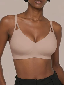 SHEIN حمالة صدر نسائية بلون موحد مريحة بتصميم بسيط ناعم أنيق بدون درزات للارتداء اليومي بيج صيفي - لون مشمشي - مشاهدة 4