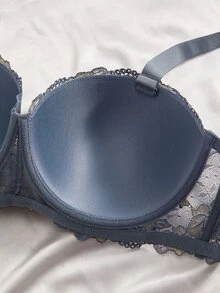 DesireSculpt 3件套加大码女士撞色蕾丝常规文胸套装（带钢圈） - 彩色 - 查看 4