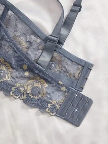 DesireSculpt 3件套加大码女士撞色蕾丝常规文胸套装（带钢圈） - 彩色 - 查看 6