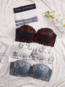 DesireSculpt 3件套加大码女士撞色蕾丝常规文胸套装（带钢圈） - 彩色 - 查看 3