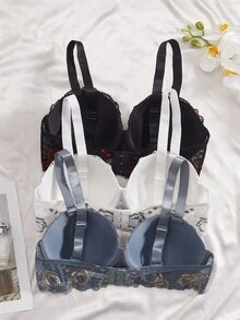 DesireSculpt 3件套加大码女士撞色蕾丝常规文胸套装（带钢圈） - 彩色 - 查看 2