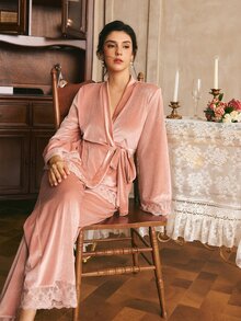 Côtesoire 法式優雅刺繡蕾絲拼接綁帶天鵝絨女款睡衣套裝 - 粉色 - 查看 2