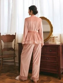 Côtesoire 法式優雅刺繡蕾絲拼接綁帶天鵝絨女款睡衣套裝 - 粉色 - 查看 4