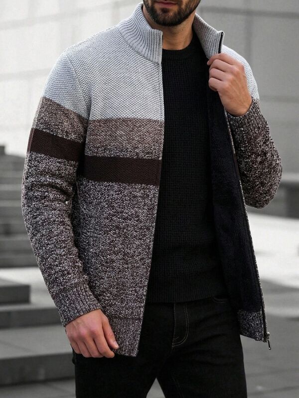 Manfinity Mode Men's Gray Fleece-Lined Stand Collar Knit Cardigan Sweater Long Sleeve Open Front Warm Jacket For Autumn Winter Hiking Holiday Casual Hiking Holiday