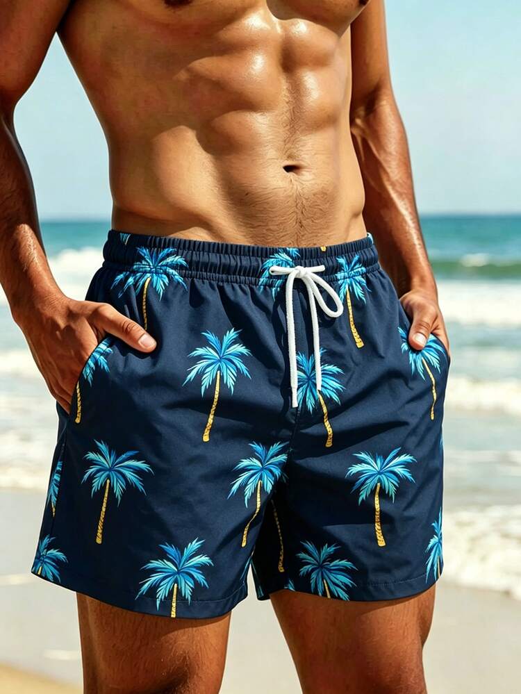 Manfinity Swimmode Plus Size Men's Casual Palm Tree Print Drawstring Beach Shorts, Holiday - Navy Blue - View 5