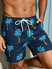 Manfinity Swimmode Pantalones cortos de playa casuales para hombres de talla grande con estampado de palmeras y cordón, para vacaciones - Azul Marino - Ver 7