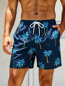Manfinity Swimmode Pantalones cortos de playa casuales para hombres de talla grande con estampado de palmeras y cordón, para vacaciones - Azul Marino - Ver 6