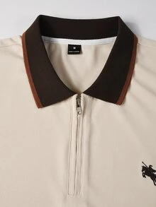 Manfinity Mode 男士騎士圖案對比色休閒通勤短袖 Polo 衫，正式感，老錢風 - 杏色 - 查看 4