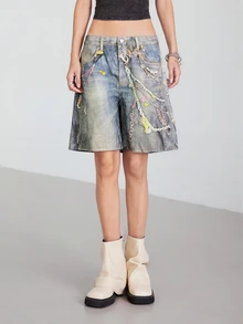 LYSMO Women's Summer Casual Washed Chain Printed Loose Denim Shorts - Blue - View 4