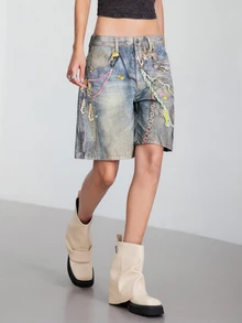 LYSMO Women's Summer Casual Washed Chain Printed Loose Denim Shorts - Blue - View 3