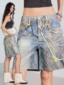 LYSMO Women's Summer Casual Washed Chain Printed Loose Denim Shorts - Blue - View 1