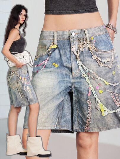 LYSMO Women's Summer Casual Washed Chain Printed Loose Denim Shorts