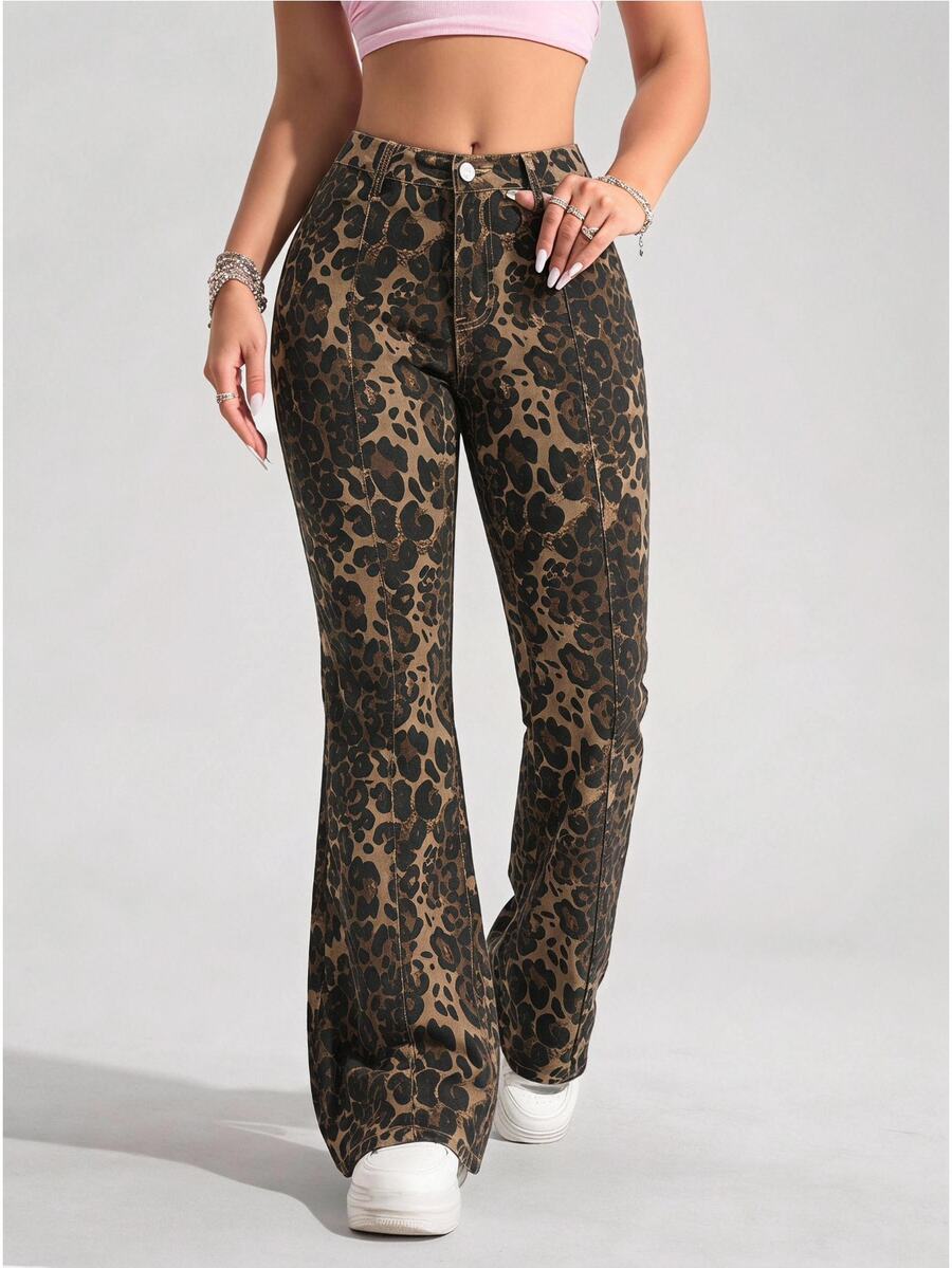 Jeanoix Women's Leopard Print Flare Leg Denim Jeans - Multicolor - View 1